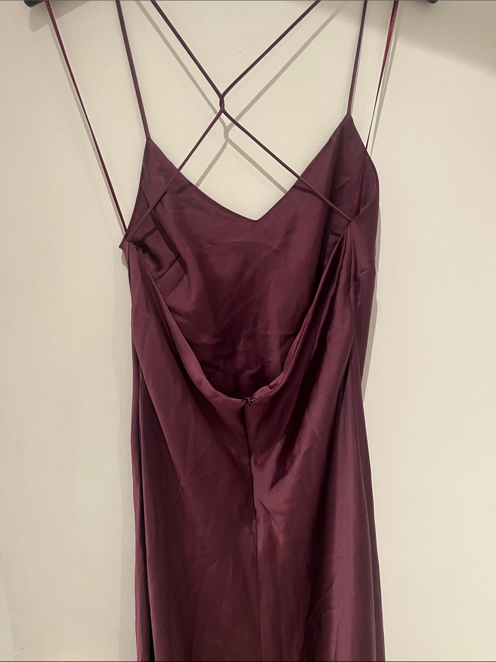 Zara Wine Satin Slip Maxi Dress with Crisscross Straps